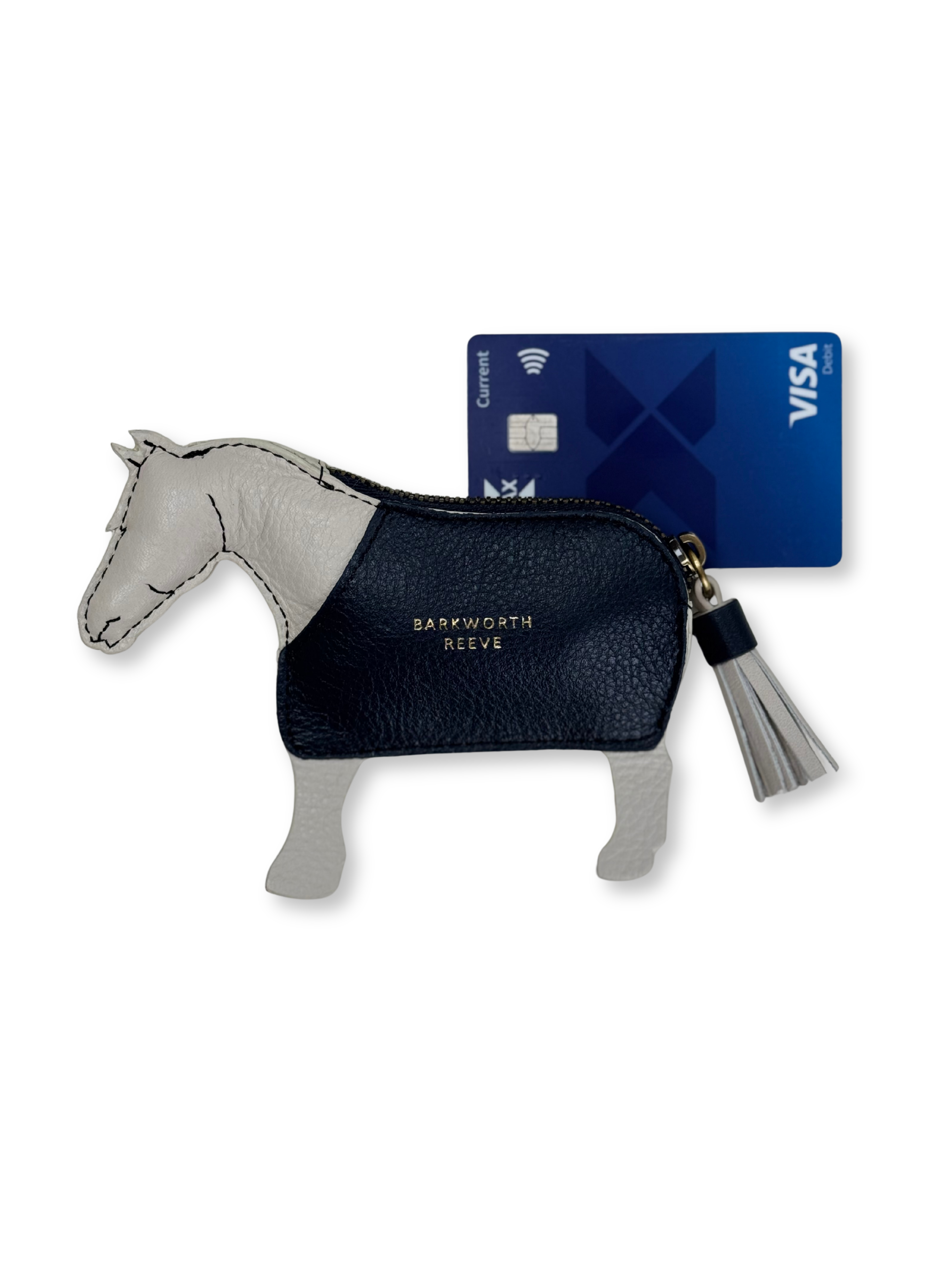 Leather Pony Coin Purse: Grey with Navy Rug and Zip Closure