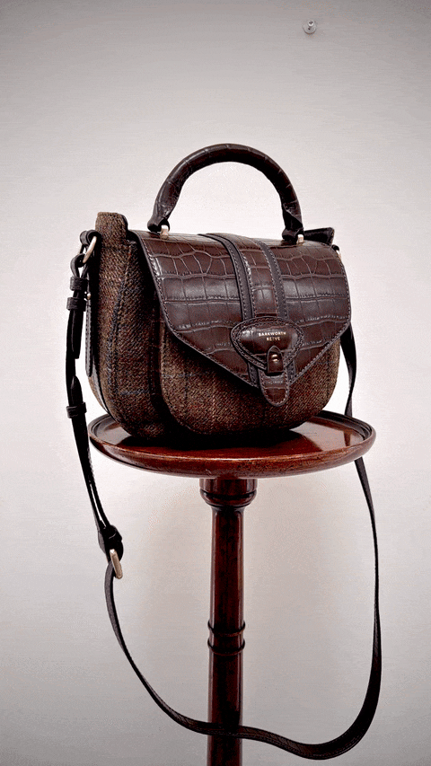 Belton Saddle Bag in Tweed & Chocolate Brown Croc Leather with Adjustable & Detachable Shoulder Strap