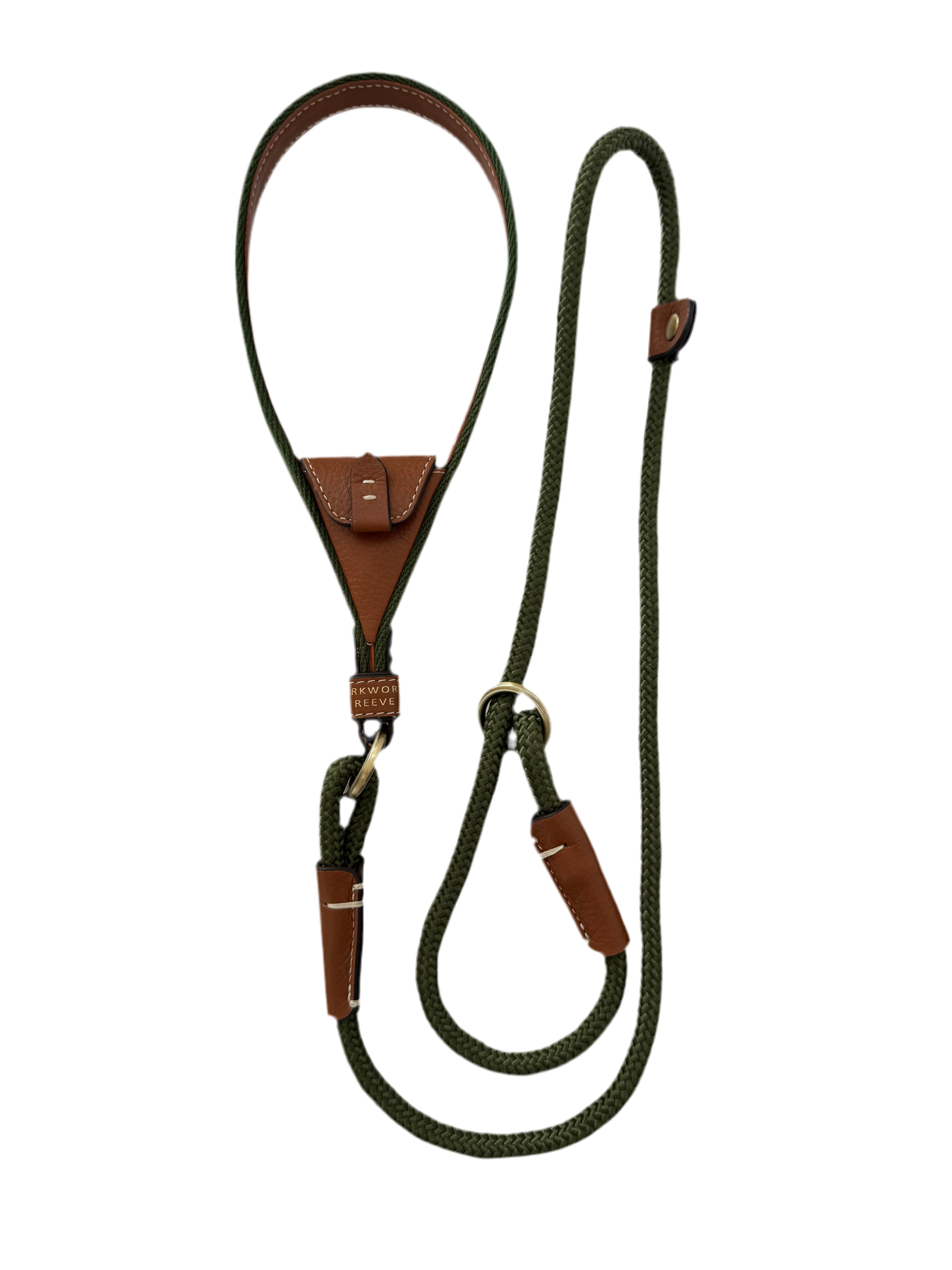 Slip Lead In Olive Green & Tan Leather with Intergrated Poo Bag Holder