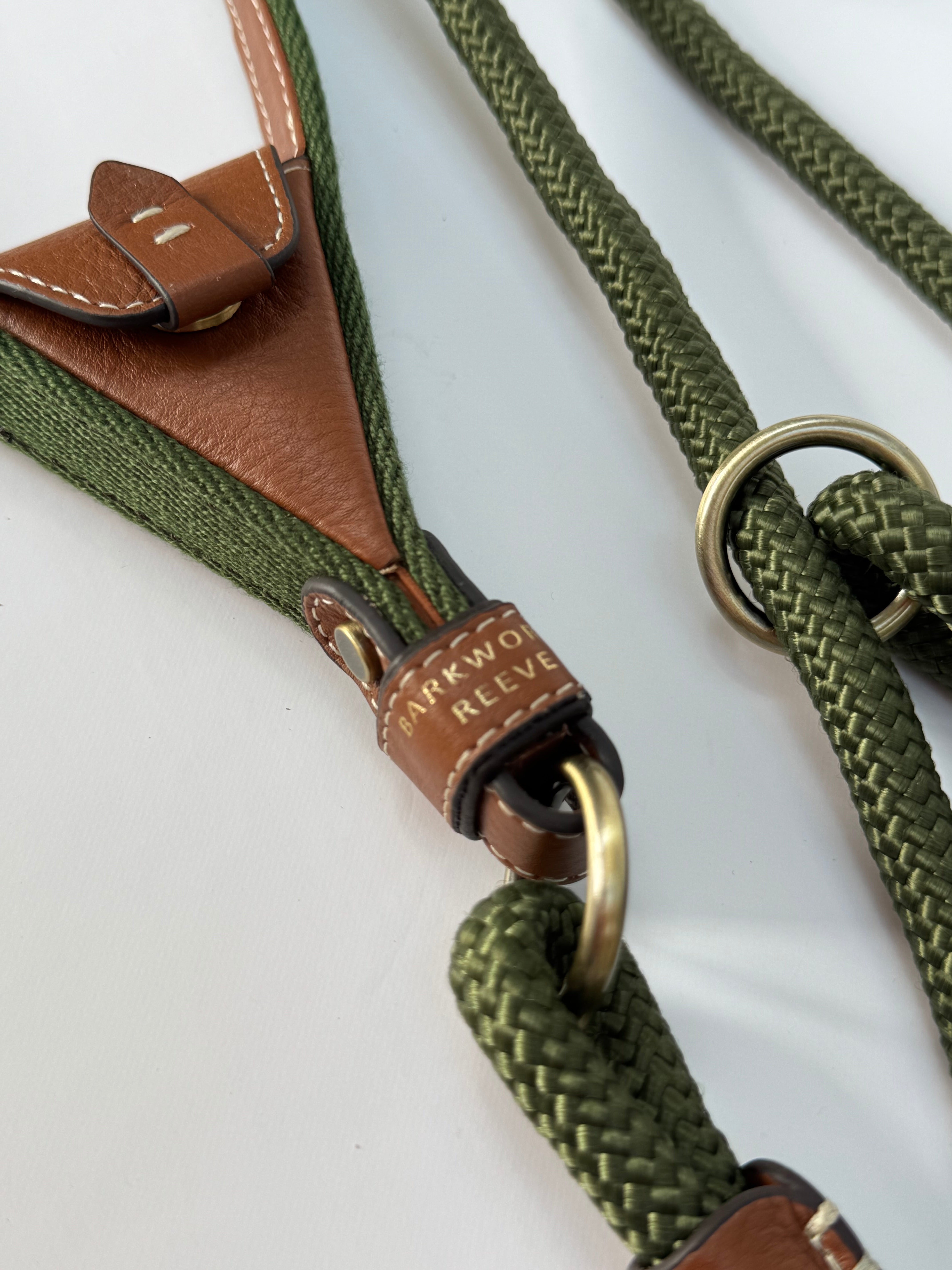 Slip Lead In Olive Green & Tan Leather with Intergrated Poo Bag Holder