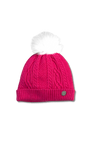 Pink knit beanie with a white pom-pom on a white background
