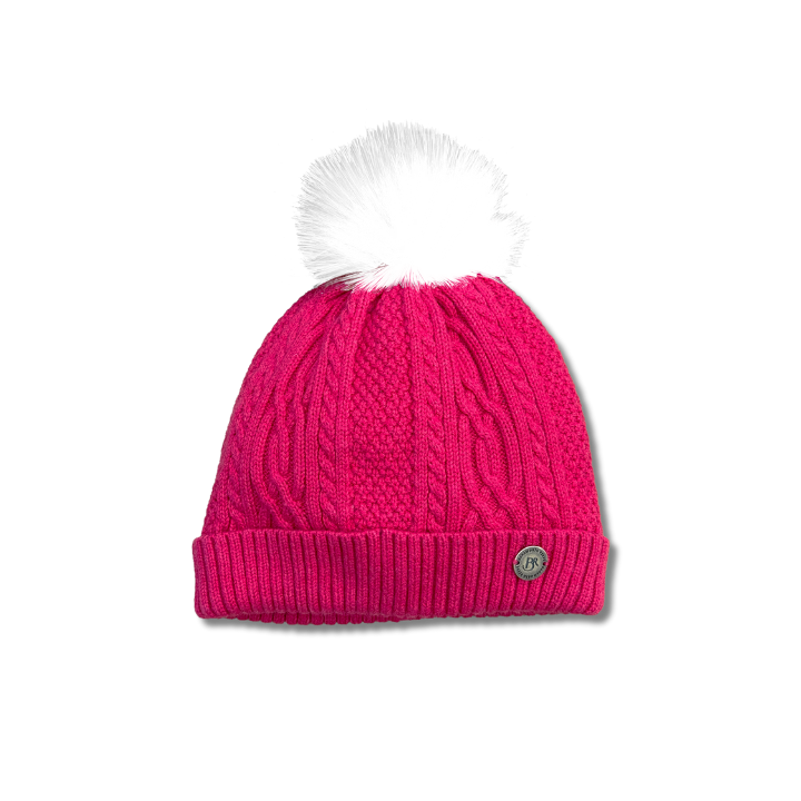 Pink knit beanie with a white pom-pom on a white background