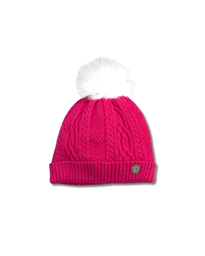 Pink knit beanie with a white pom-pom on a white background