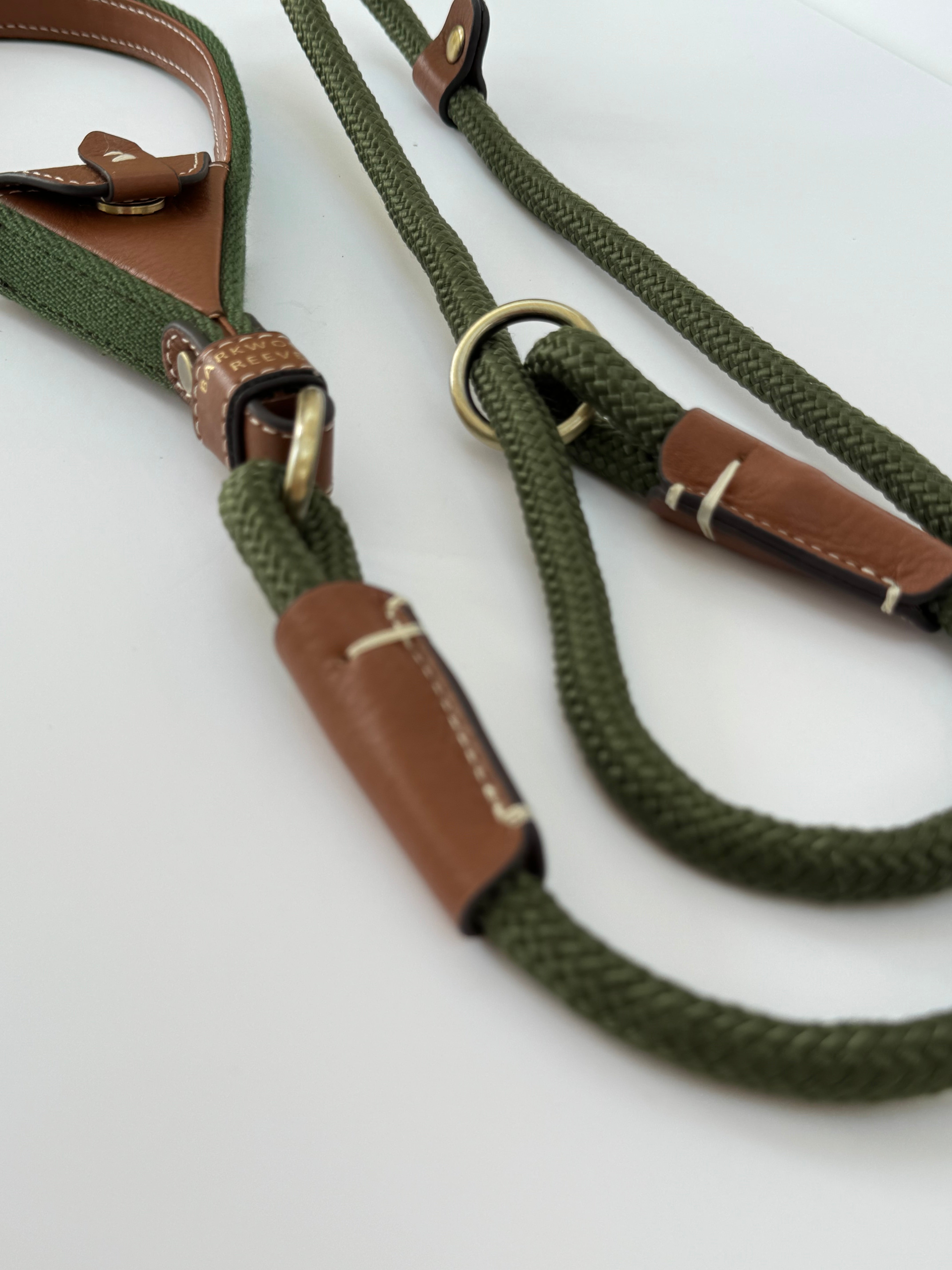 Slip Lead In Olive Green & Tan Leather with Intergrated Poo Bag Holder