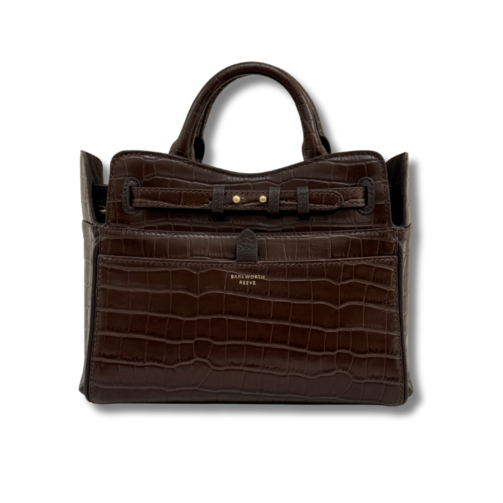 CHOCOLATE CROC LEATHER HANDBAG WITH STRAP DETAIL.  GOLD STUDS AND BARKWORTH REEVE GOLD BRANDING 