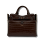 CHOCOLATE CROC LEATHER HANDBAG WITH STRAP DETAIL.  GOLD STUDS AND BARKWORTH REEVE GOLD BRANDING 