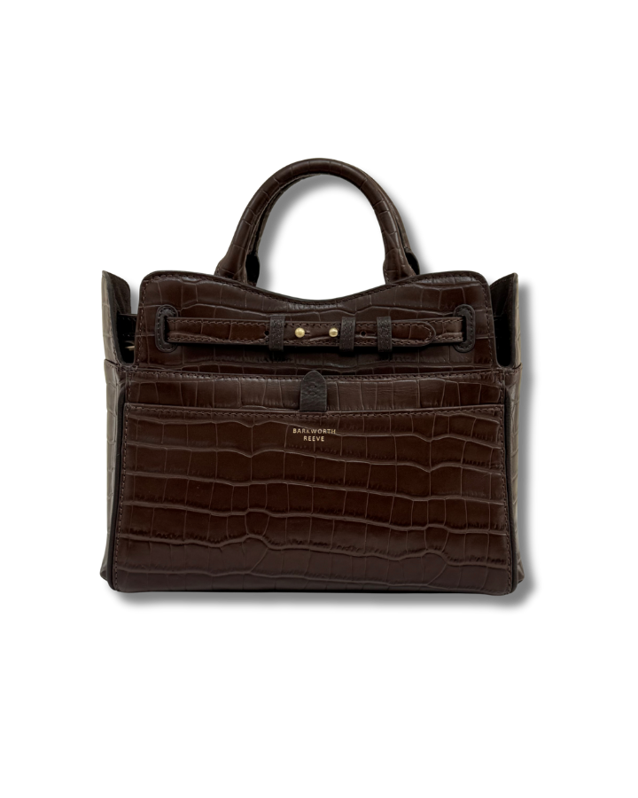 CHOCOLATE CROC LEATHER HANDBAG WITH STRAP DETAIL.  GOLD STUDS AND BARKWORTH REEVE GOLD BRANDING 