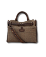 HAND HELD BAG WITH HERRINGBONE TWEED FRONT, CONTRAST LEATHER GUSSETS AND SHOULDER STRAP 