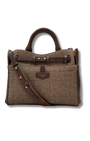 HAND HELD BAG WITH HERRINGBONE TWEED FRONT, CONTRAST LEATHER GUSSETS AND SHOULDER STRAP 