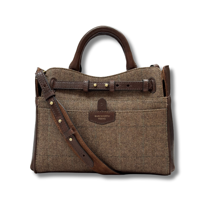 HAND HELD BAG WITH HERRINGBONE TWEED FRONT, CONTRAST LEATHER GUSSETS AND SHOULDER STRAP 