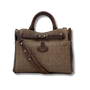 HAND HELD BAG WITH HERRINGBONE TWEED FRONT, CONTRAST LEATHER GUSSETS AND SHOULDER STRAP 