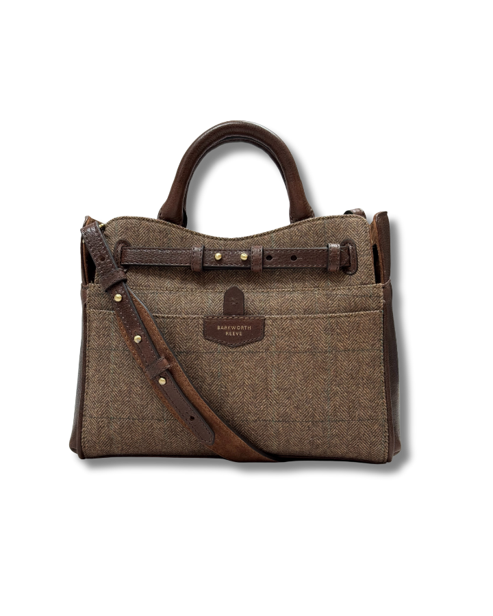 HAND HELD BAG WITH HERRINGBONE TWEED FRONT, CONTRAST LEATHER GUSSETS AND SHOULDER STRAP 