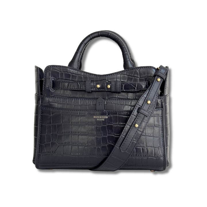 NAVY CROC HANDBAGS WITH SHOULDER STRAP AT FRONT AND CARRY HANDLES
