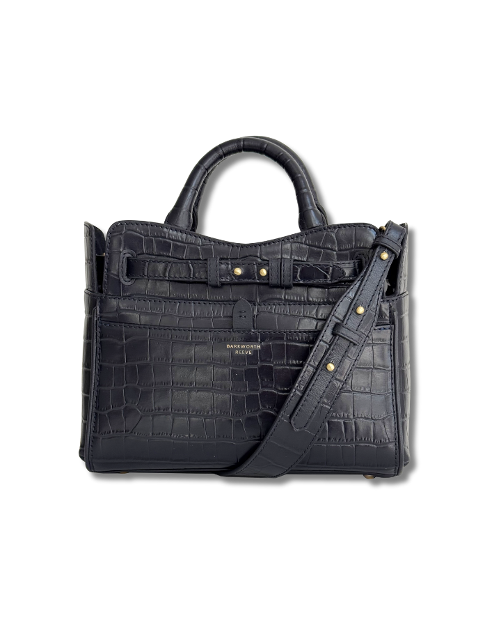 NAVY CROC HANDBAGS WITH SHOULDER STRAP AT FRONT AND CARRY HANDLES
