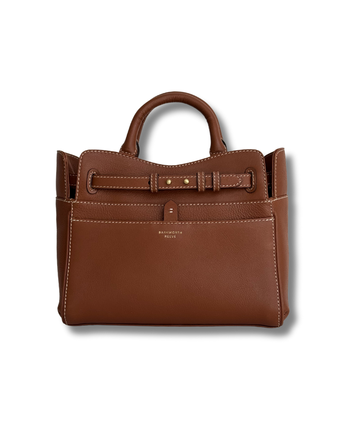 TAN LEATHER GANDHBAG WITH CARRY HANDLES, CONTRAST STITCH  AND FRONT STRAP DETAIL 