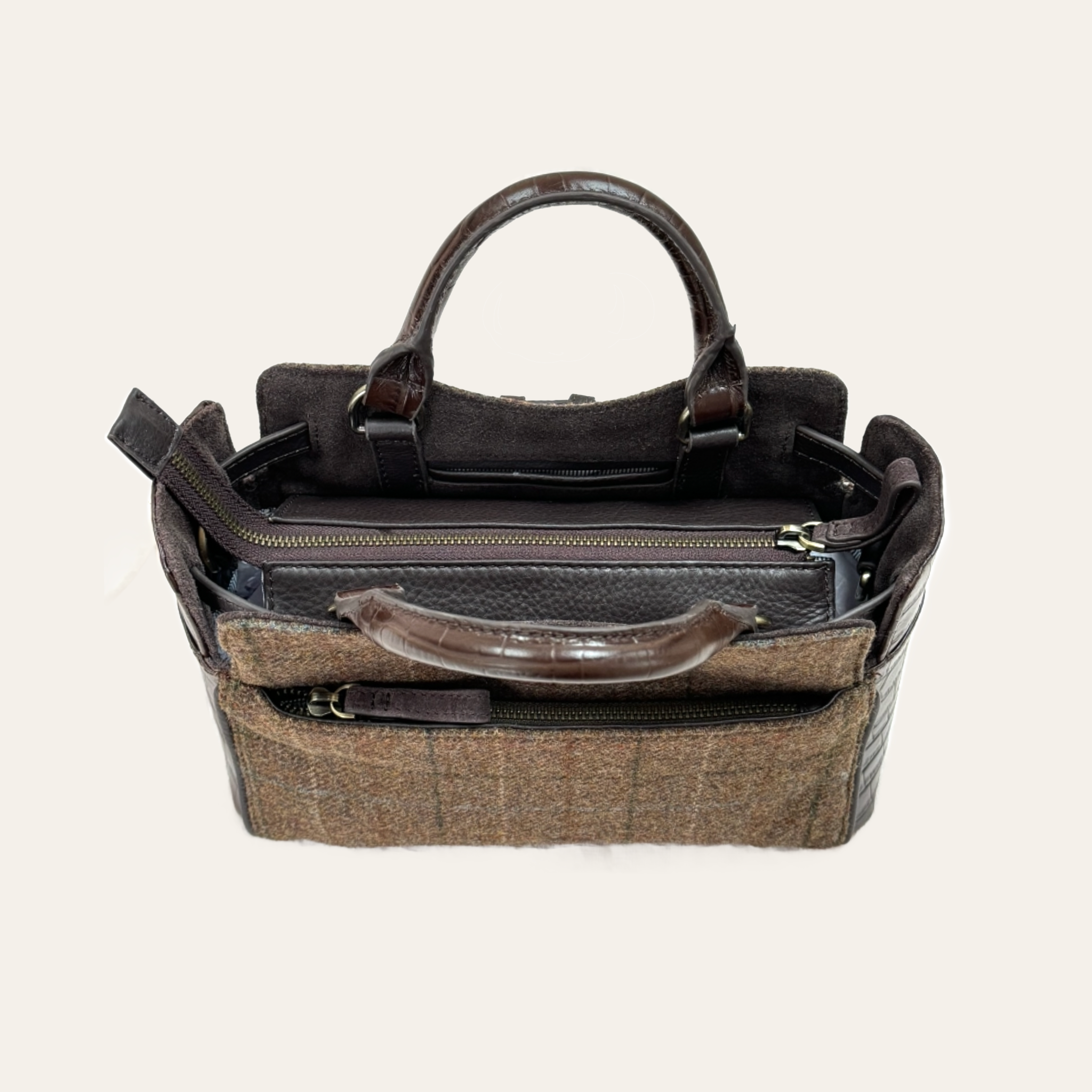 Ambridge Tweed & Chocolate Brown Croc Leather Handheld Bag with Detachable Cross Body Strap