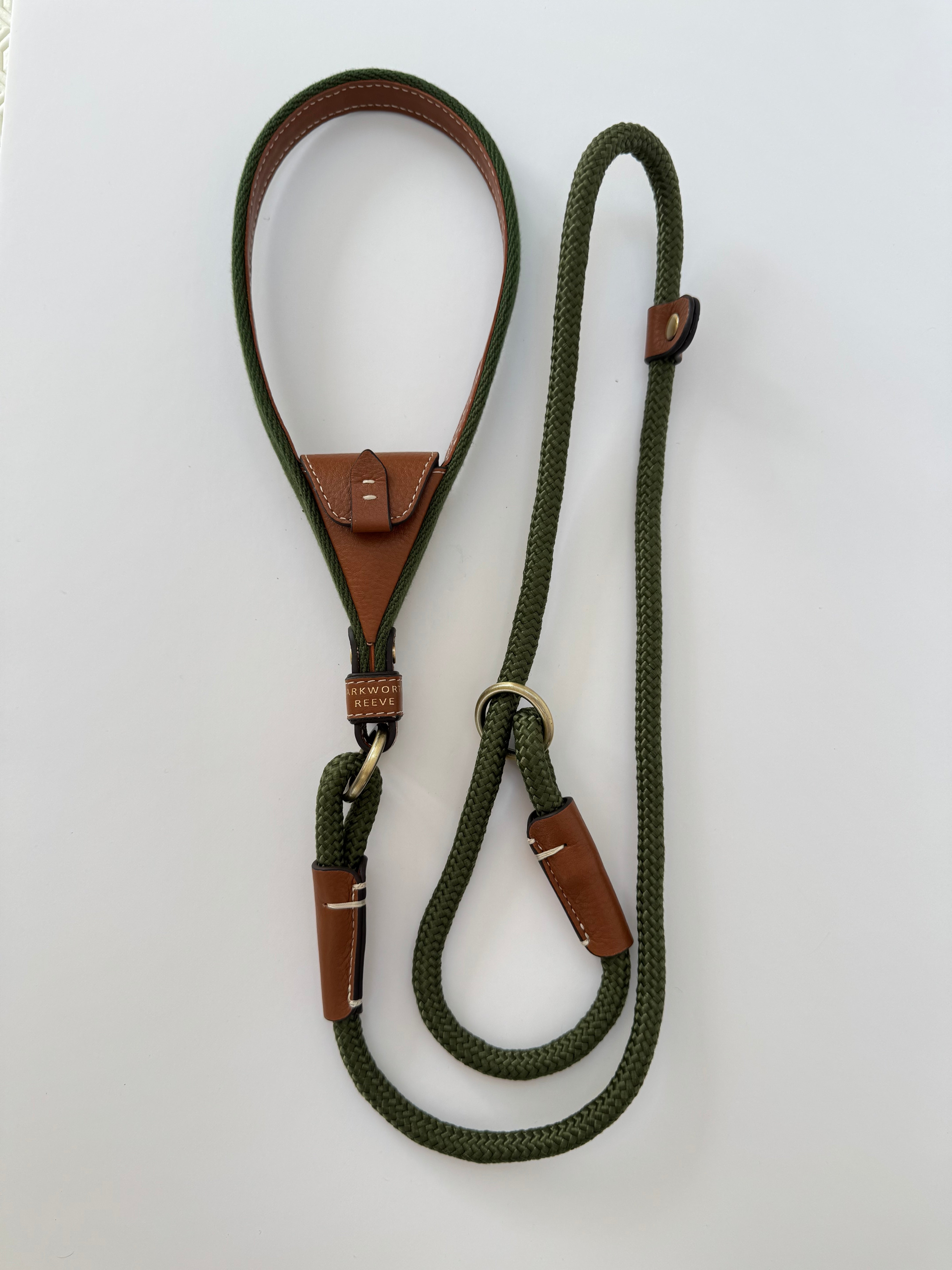 Slip Lead In Olive Green & Tan Leather with Intergrated Poo Bag Holder