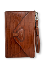 Tan Brown leather crocodile embossed pattern clutch bag with a strap on a white background