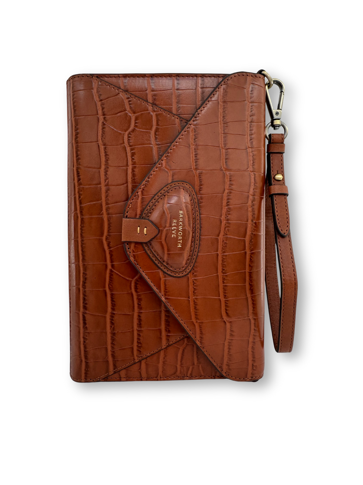 Tan Brown leather crocodile embossed pattern clutch bag with a strap on a white background