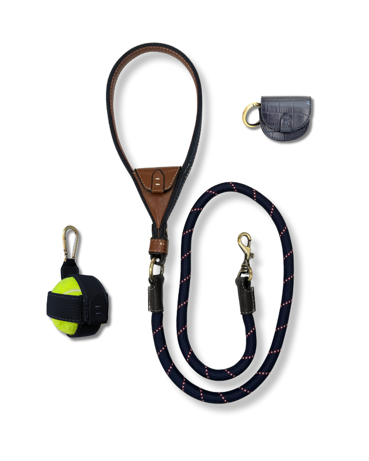 Dog leash with tennis ball holder and navy leather treat poch