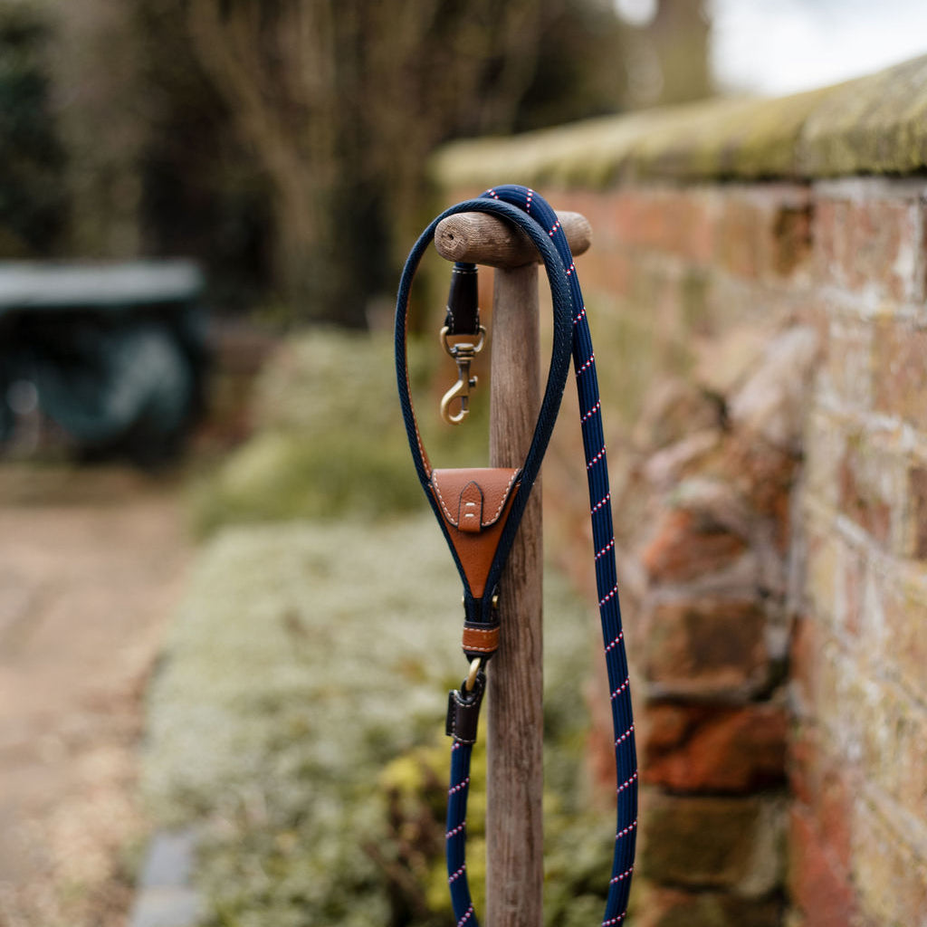 Barkworth Reeve Lead with intergrated poop pouch on a fork in a garden by a wall 
