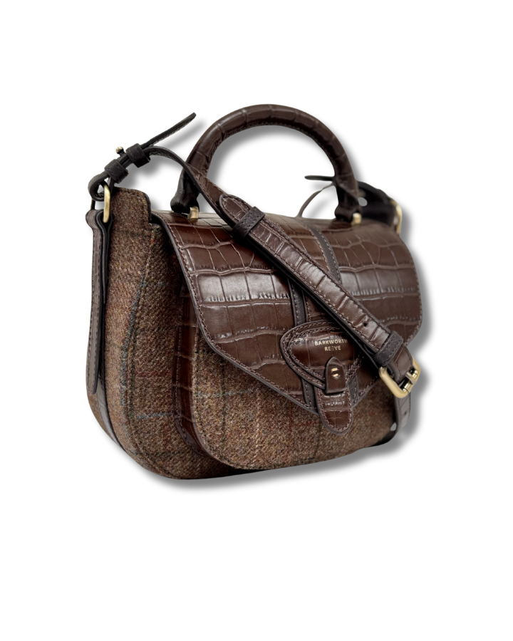 Belton Saddle in Tweed & Chocolate Croc Embossed Leather