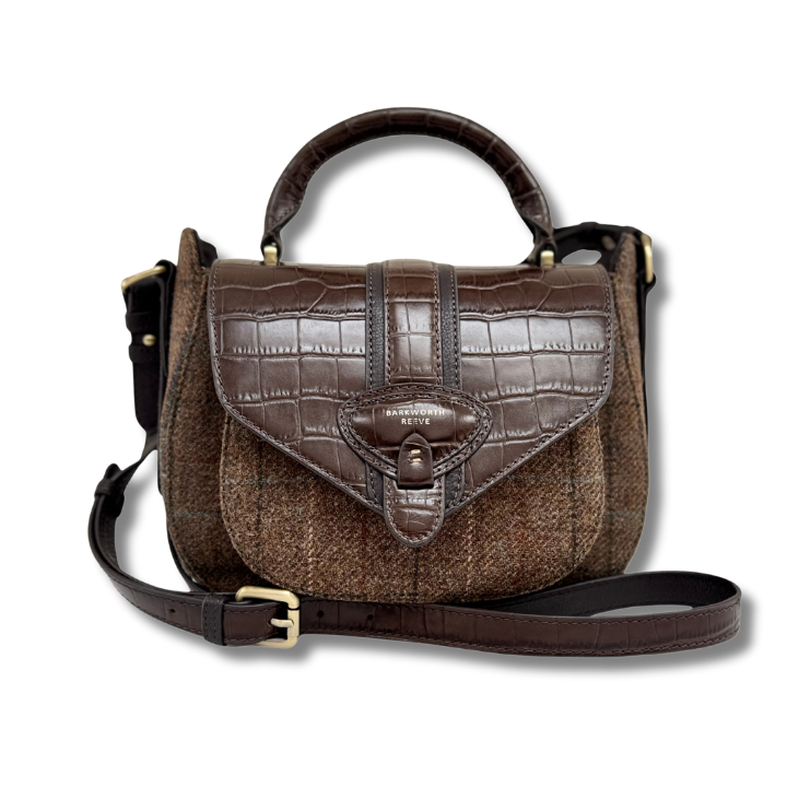 Belton Saddle in Tweed & Chocolate Croc Embossed Leather
