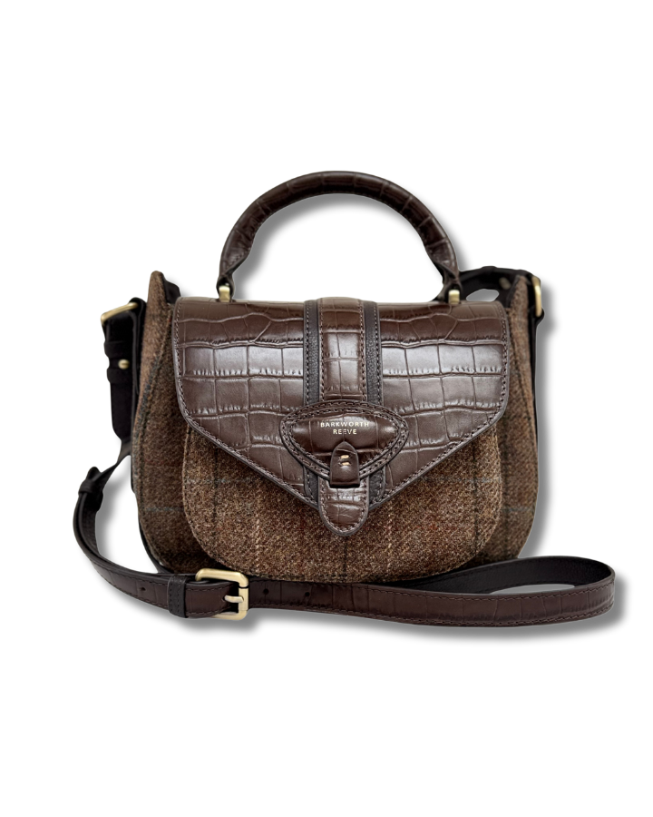 Belton Saddle Bag in Tweed & Chocolate Brown Croc Leather with Adjustable & Detachable Shoulder Strap