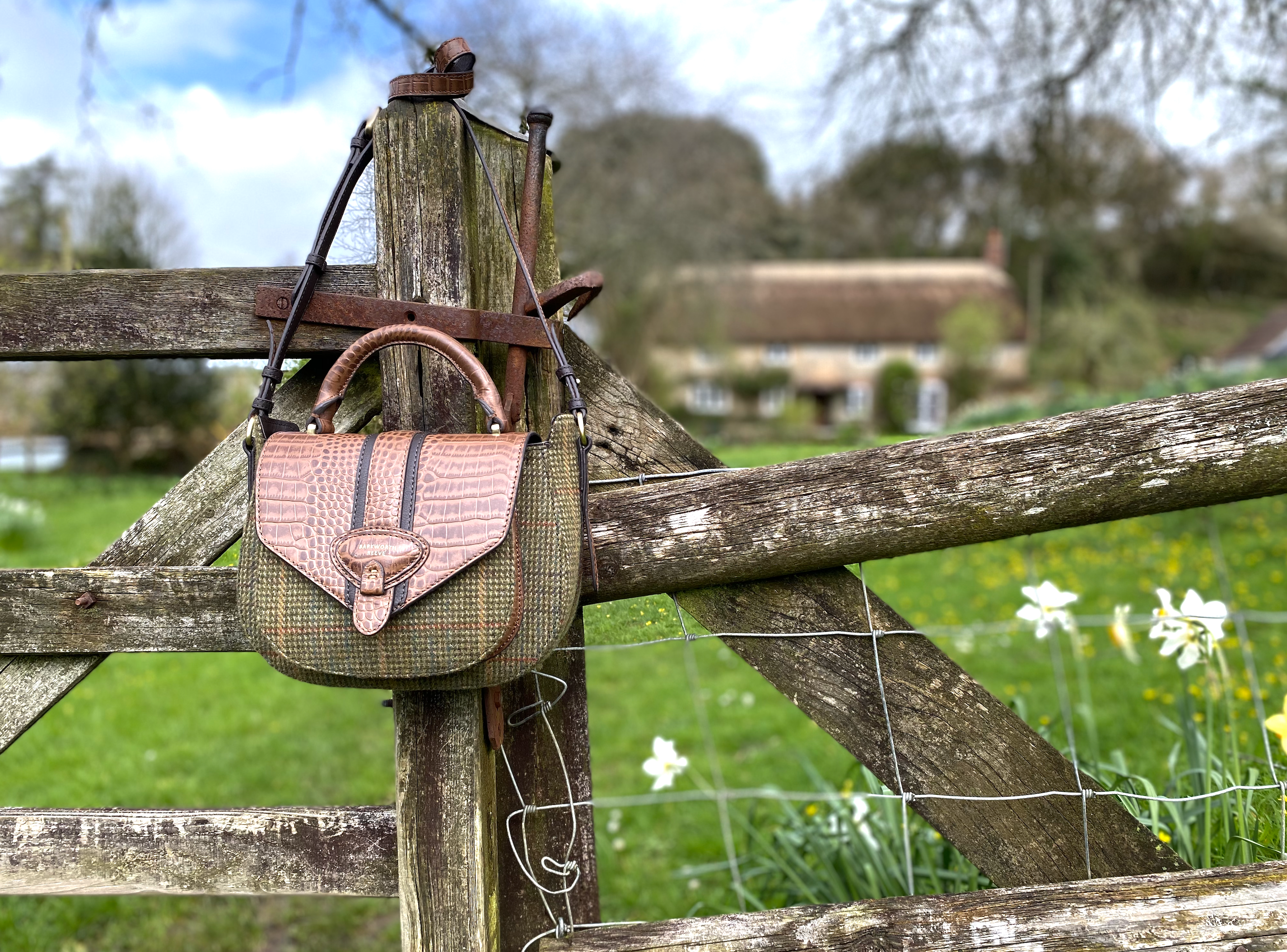 Belton Saddle Bag in Green Tweed & Croc Leather with Adjustable & Detachable Shoulder Strap