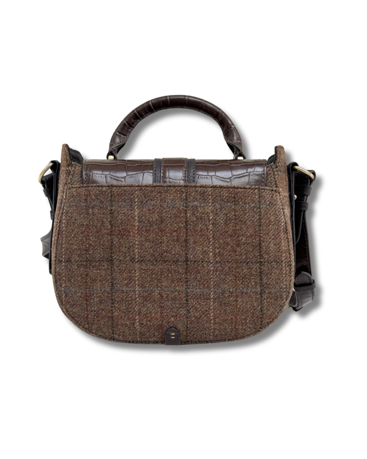 Belton Saddle in Tweed & Chocolate Croc Embossed Leather