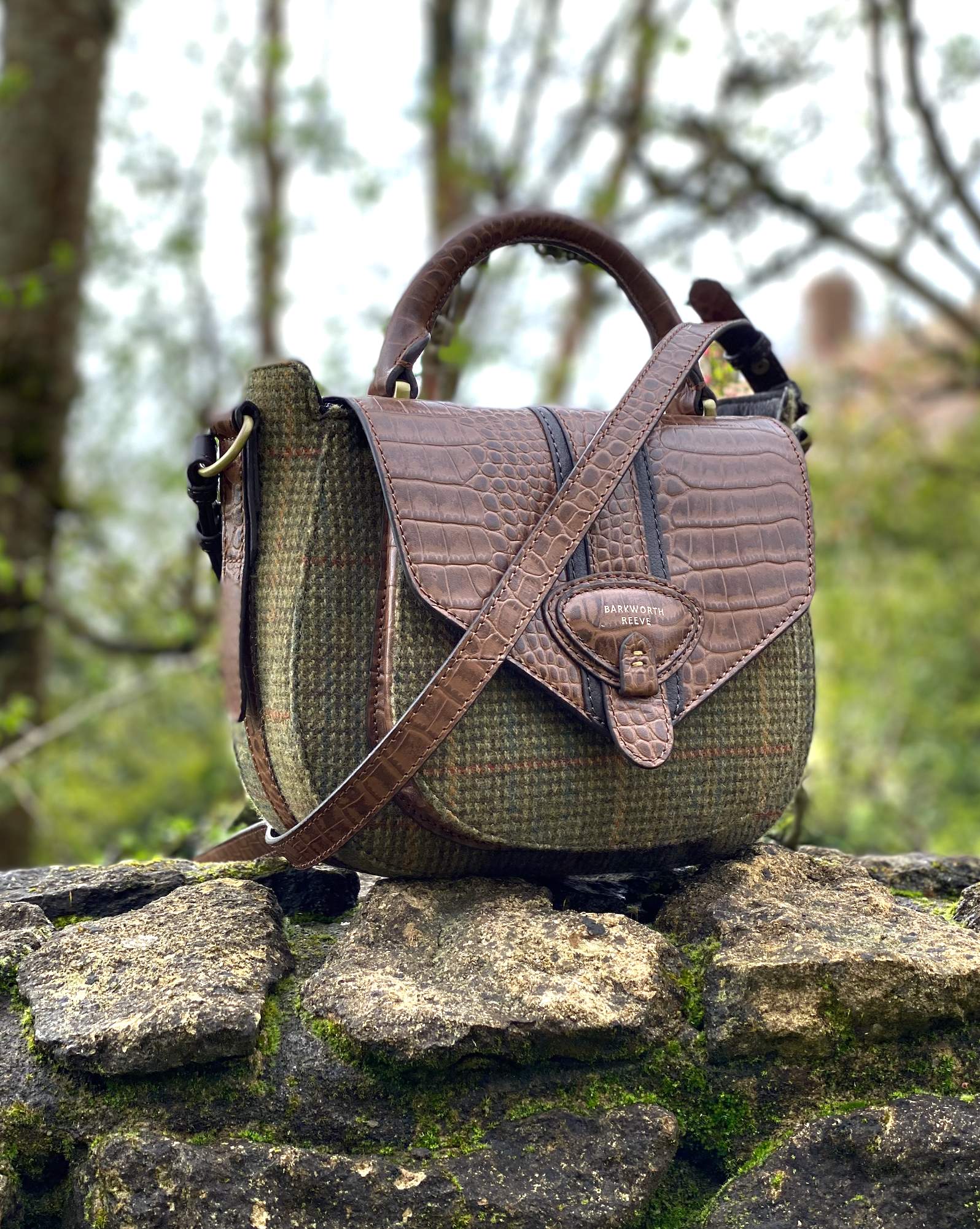 Belton Saddle Bag in Green Tweed & Croc Leather with Adjustable & Detachable Shoulder Strap