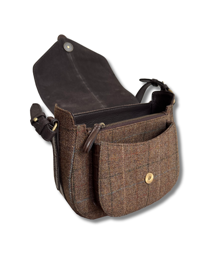 Belton Saddle in Tweed & Chocolate Croc Embossed Leather