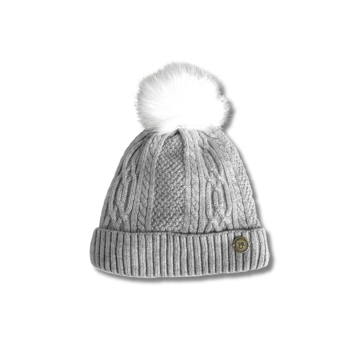 Knitted Bobble Hat in Light Grey Marl cable knit with white pom