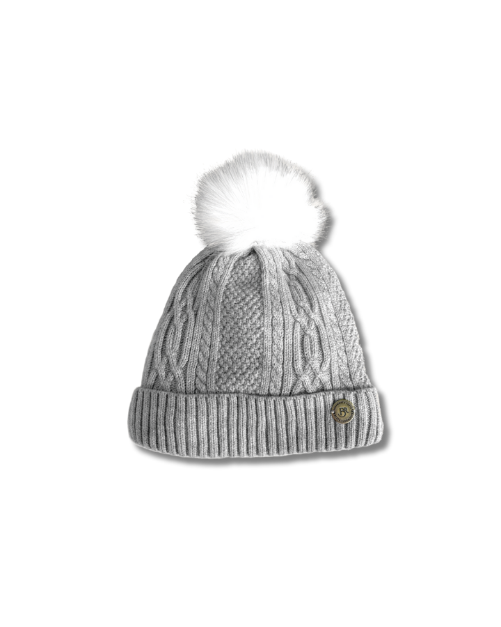 Knitted Bobble Hat in Light Grey Marl cable knit with white pom