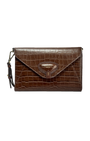 Brown crocodile-patterned clutch bag on a white background