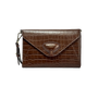 Brown crocodile-patterned clutch bag on a white background
