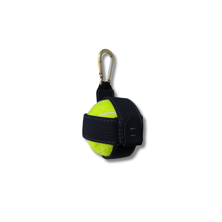 Dog Ball Holder in Navy Leather with tennis ball