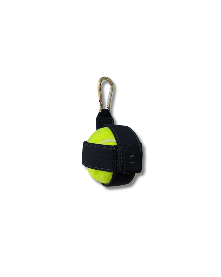 Dog Ball Holder in Navy Leather with tennis ball