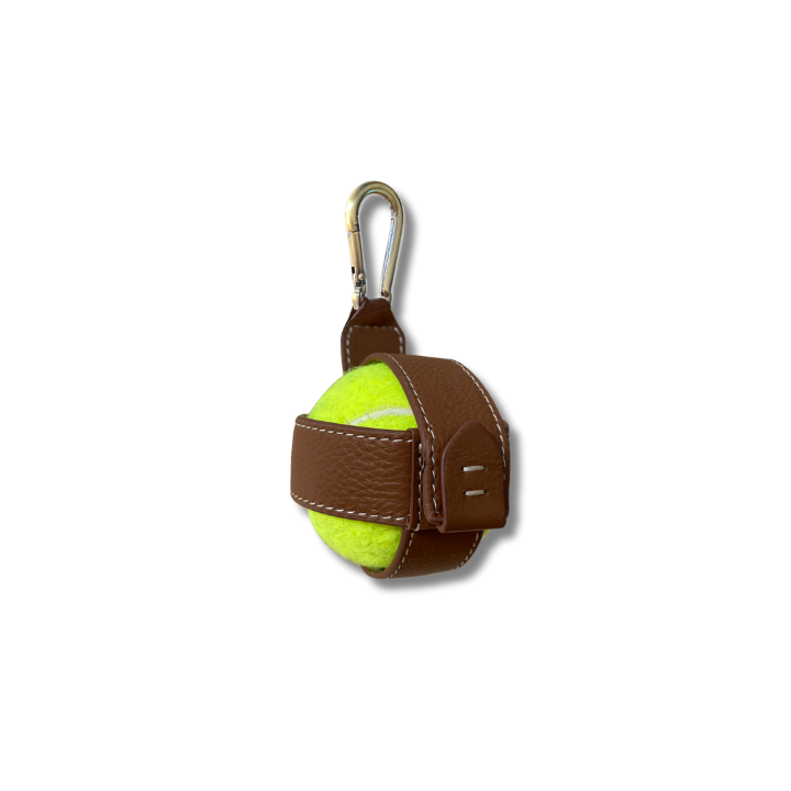 Dog Ball Holder in Tan Leather with tennis ball inside