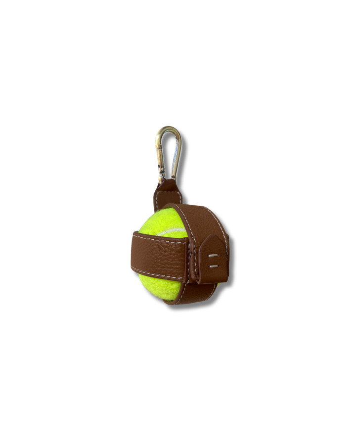 Dog Ball Holder in Tan Leather with tennis ball inside