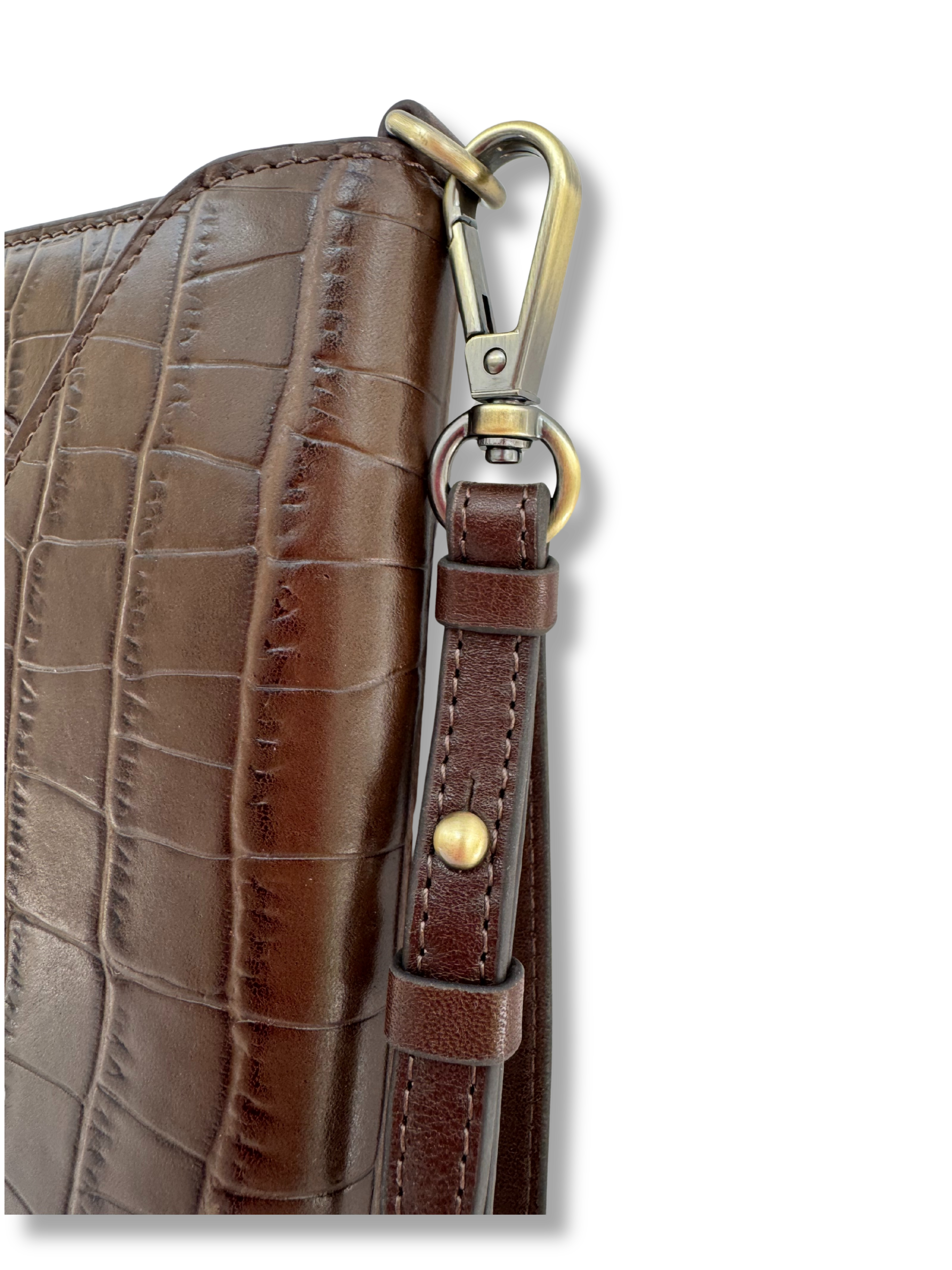 Foxley Chocolate Croc Leather Clutch bag with Detachable Shoulder & Wrist Strap