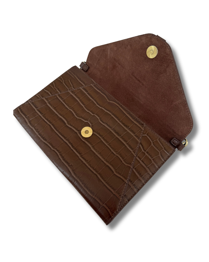 Foxley Clutch in Chocolate Croc Embossed Leather