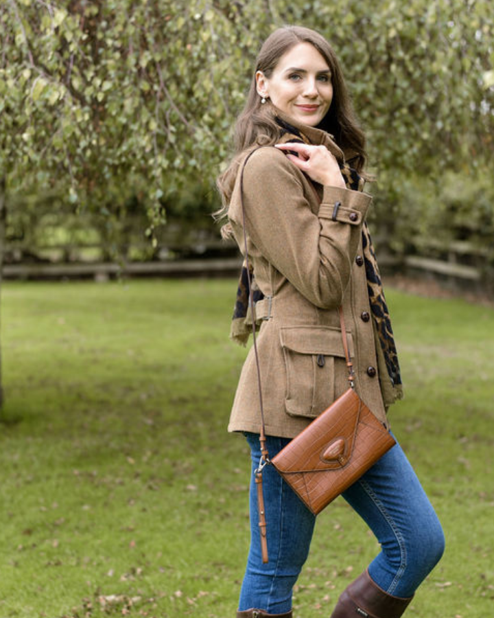 Foxley Clutch in Tan Croc Embossed Leather