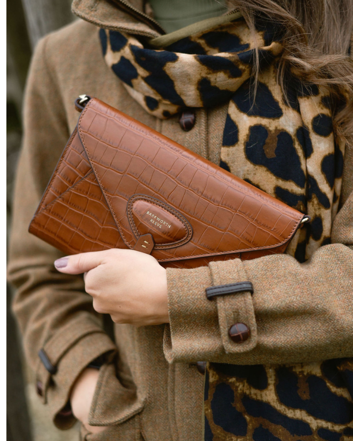 Foxley Clutch in Tan Croc Embossed Leather