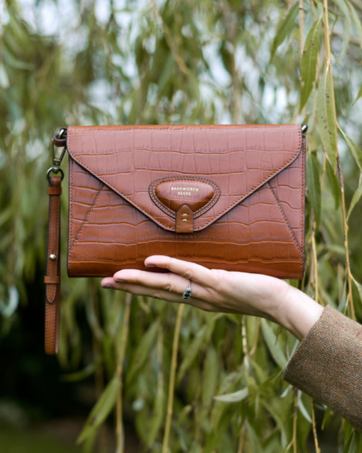 Foxley Clutch in Tan Croc Embossed Leather