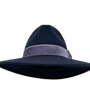 Navy blue wool fedora wide-brimmed hat with a light blue velvet band on a white background