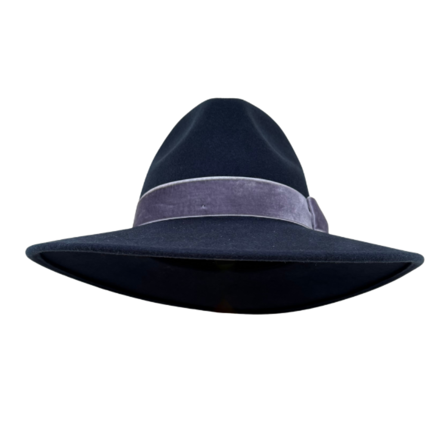 Navy blue wool fedora wide-brimmed hat with a light blue velvet band on a white background