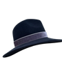 Navy blue fedora hat with a wide brim and gray band on a white background