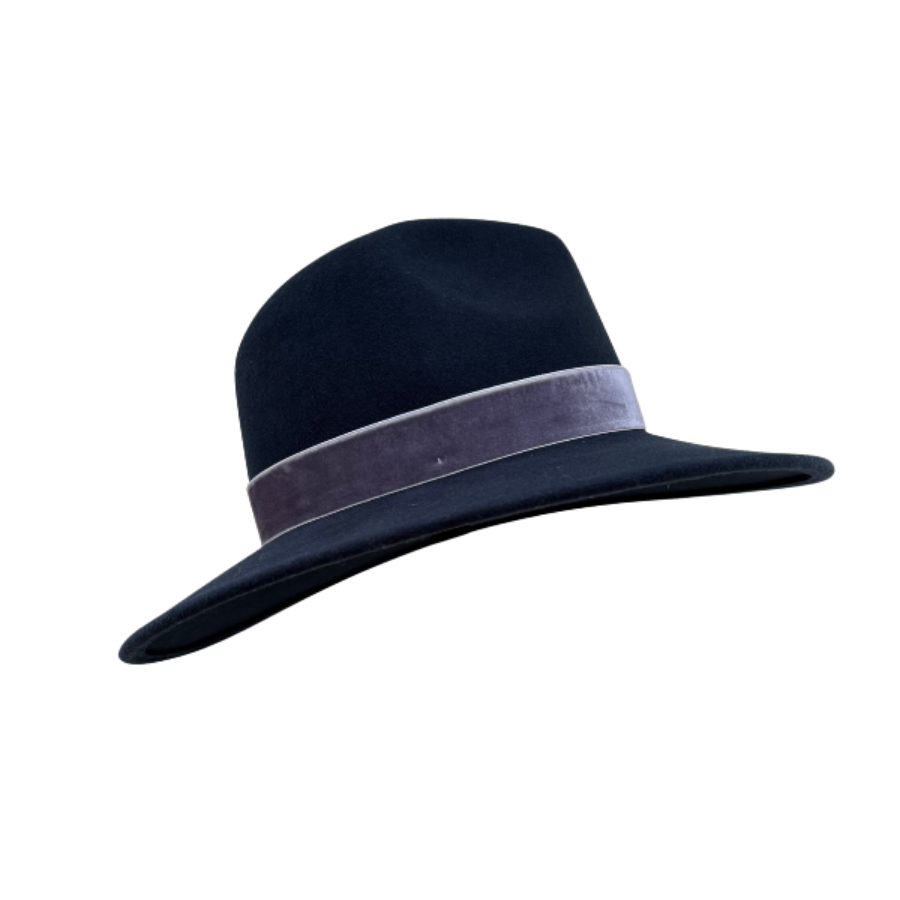 Navy blue fedora hat with a wide brim and gray band on a white background