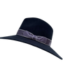 Navy blue wool fedora hat with a light blue velvey band on a white background